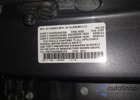 2022 Honda Pilot Awd Special Edition из США, поврежденный, VIN 5FNYF6H22NB091274